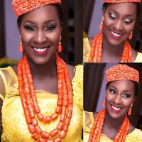 Dodu 3 Layers 4 Pcs Cap + Necklace +Bracelet + Earrings Set Orange Nature Coral beads Jewelry Set For African Nigerian Weddings