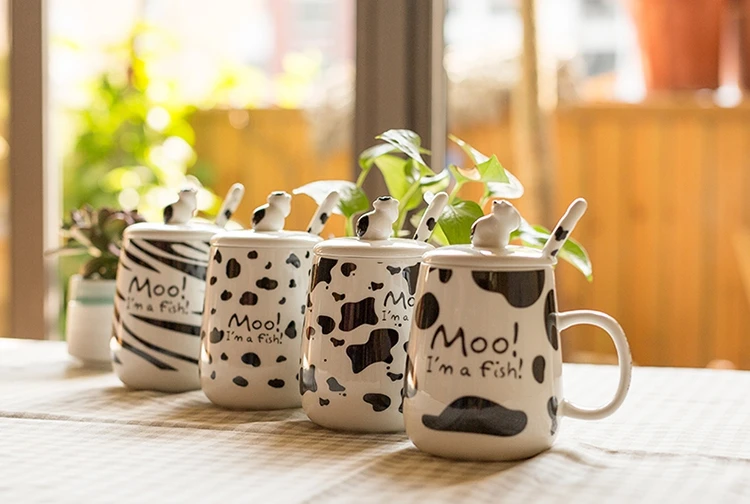 Мультяшная молочная корова, молочная чашка, милые животные, керамические кружки, креативная чайная кружка с крышкой, ложка, кофейная чашка, для дома, офиса, посуда для напитков, чашки для воды