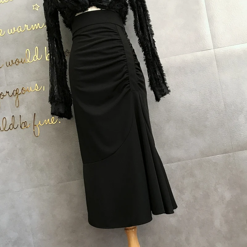 

irregular pleated skirt women's autumn elastic high waist black professional mid length skirt work drape style skirt