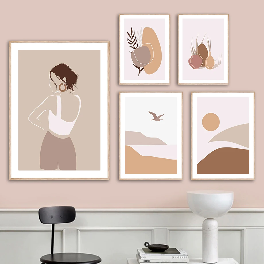 

Girl Bird Leaf Mountain Sun Sea Abstract Wall Art Canvas Painting Nordic Posters And Prints Wall Pictures For Living Room Decor