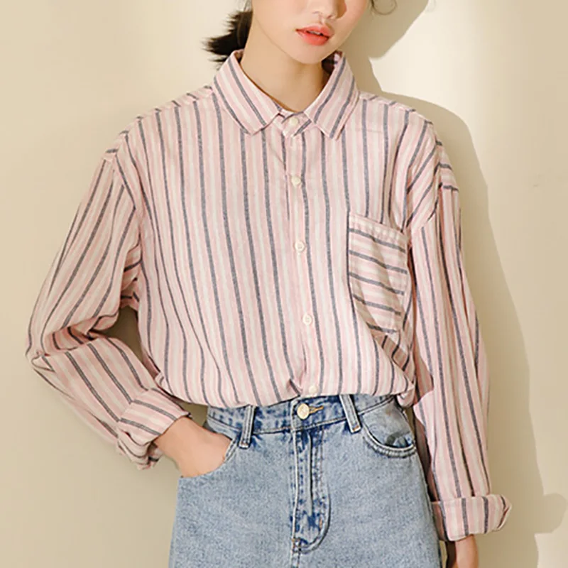 

Casual Striped Shirts Women Turn Down Collar Long Sleeve Vintage Blouse Single Breasted Korean Style Ladies Tops Blusas De Mujer