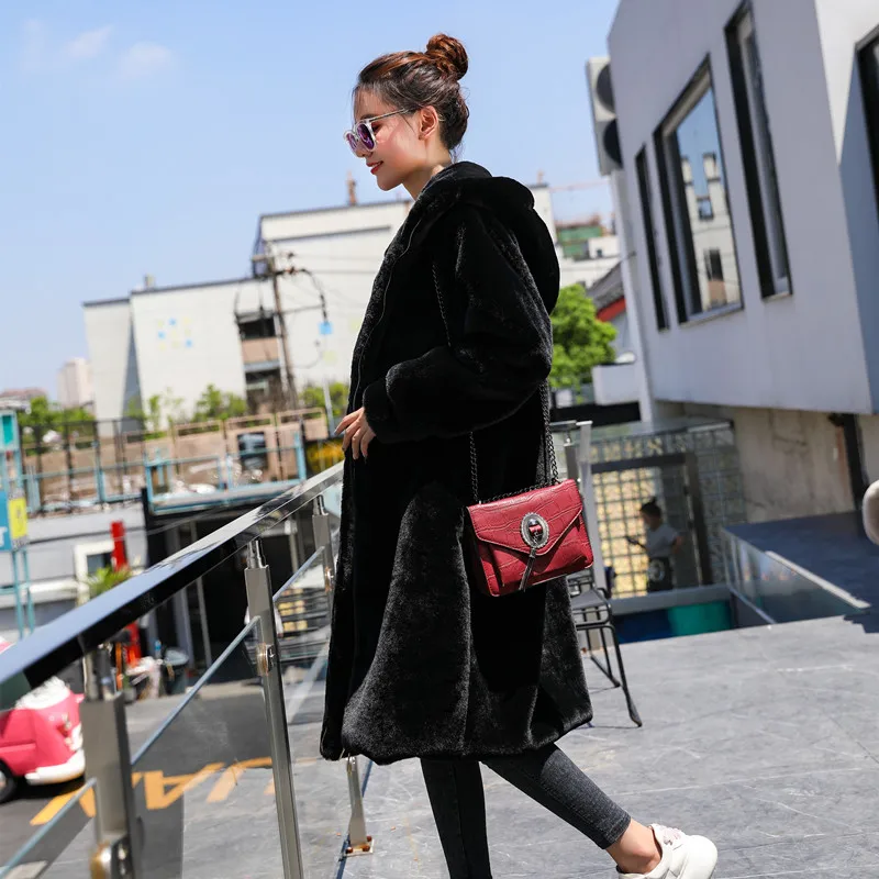 Зимнее новое пальто с искусственным кроличьим мехом длинное капюшоном толстое