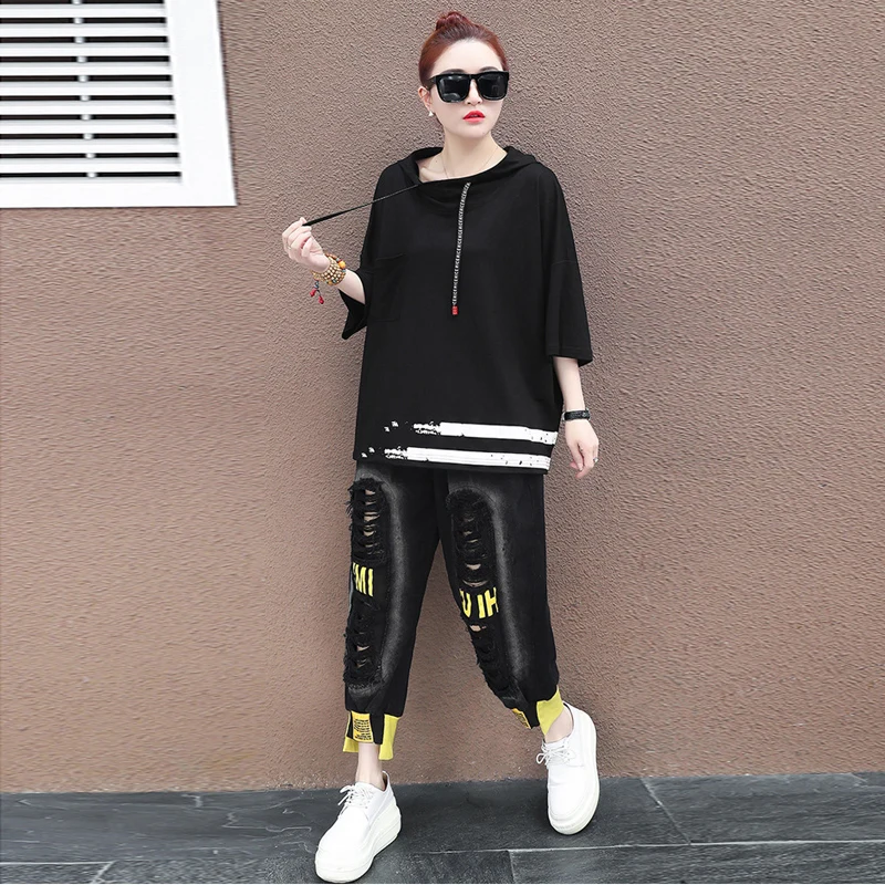 저렴한 두 조각 세트 후드 까마귀 Tracksuit 여성 한국어 패션 Loungewear 정장 스웨트 일치하는 미적 2 조각 세트 찢어진 청바지 저렴한 두 조각 세트 후드 까마귀 Tracksuit 여성 한국어 패션 Loungewear 정장 스웨트 일치하는 미적 2 조각 세트 찢어진 청바지