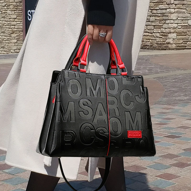 

Вместительные повседневные тоуты из натуральной кожи, роскошные модные мессенджеры на ремне с надписью, высококачественные женские сумочки