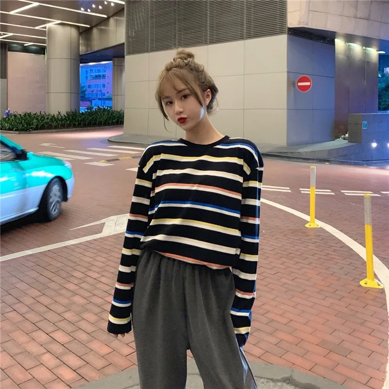 Радужная футболка для женщин в полоску Kawaii одежда Harajuku корейский Стиль Уличная Эстетическая с длинным рукавом Осень Roupas Feminina О образным вырезом
