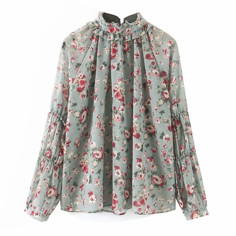 В винтажном стиле Элегантный цветочный принт с шифоновыми оборками Топы женские