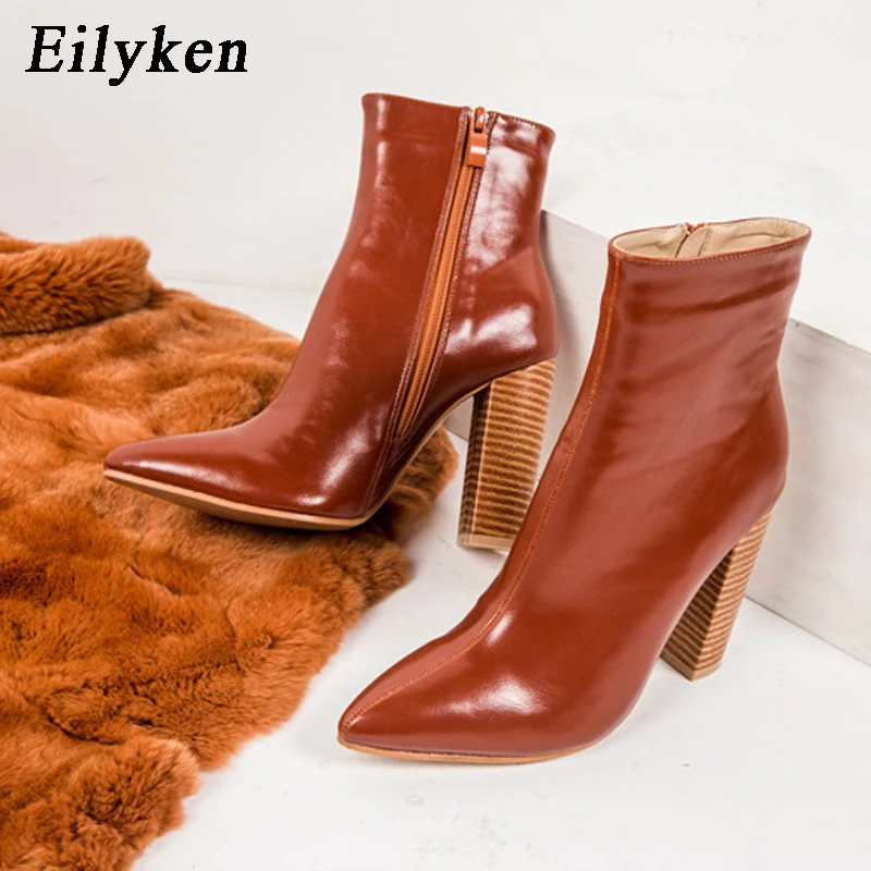 Eilyken/женские ботинки из искусственной кожи; зимние ботинки с острым носком на высоком каблуке; модные мотоботы на молнии; цвет коричневый; размеры 41, 42