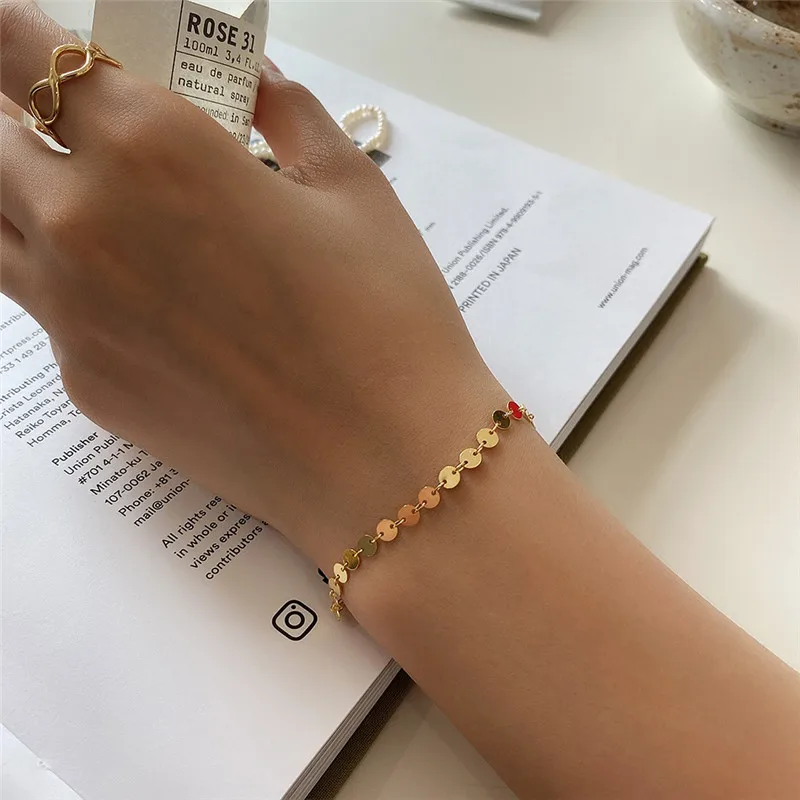 

POFUNUO Real 925 Sterling Silver Lighting Gold Round Disk Bracelets Women Minimalist Exquisite 18K Gold Niche Cute Bracelets