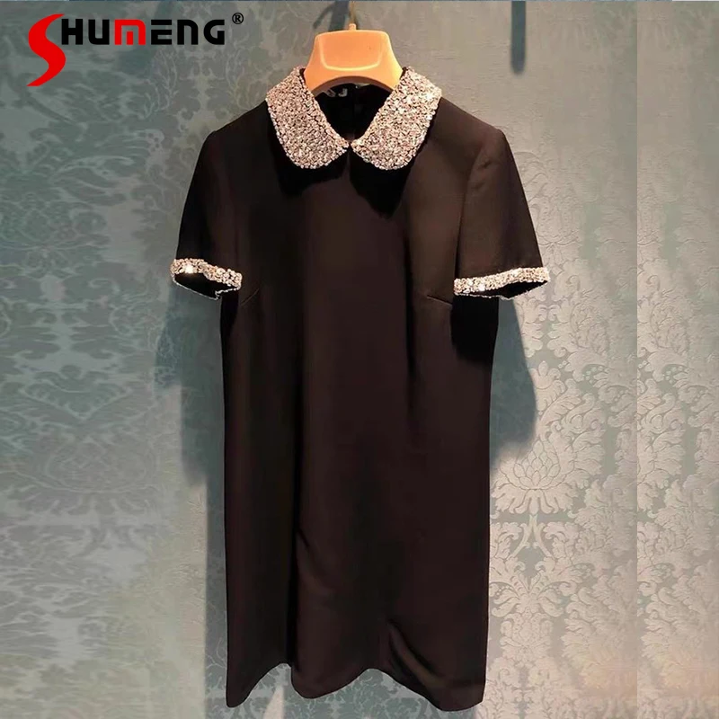 

2021 Early Autumn High-End Custom Handmade Embroidery Beads Rhinestone Dress Ladies Round Neck Elegant Fairy A- Line Mini Dress