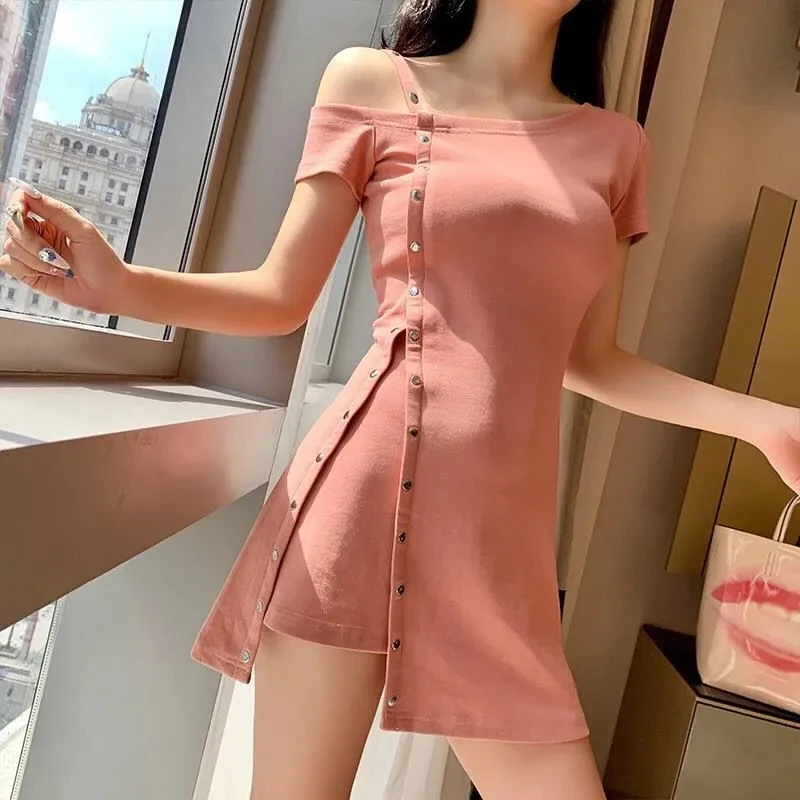 

2021Newest Inclined Shoulder Single Breasted Girls Dress Asymmetrical Button Slim Sexy Woman Dress