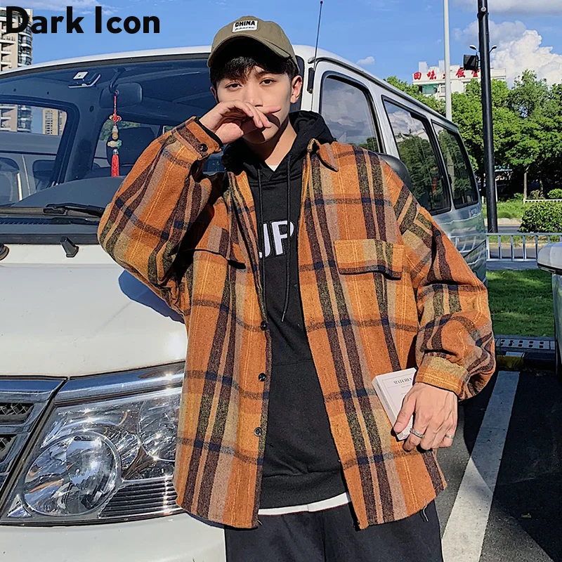 Темная икона клетчатая рубашка для мужчин латерн рукав хип-хоп негабаритные