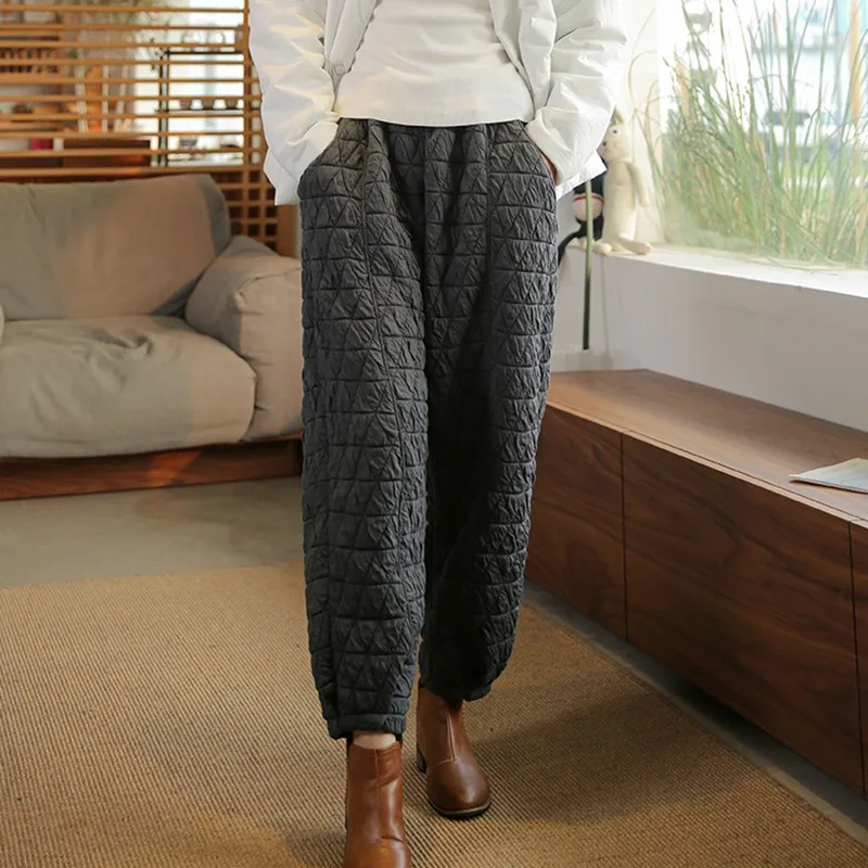 

Женские Плотные хлопковые повседневные брюки, новинка 2021, зимние однотонные теплые женские брюки до щиколотки в винтажном стиле с эластичн...