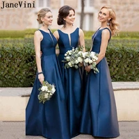 janevini navy long bridesmaid dress for wedding party for woman satin a line v neck maid of honor gowns verkleedkleding meisje