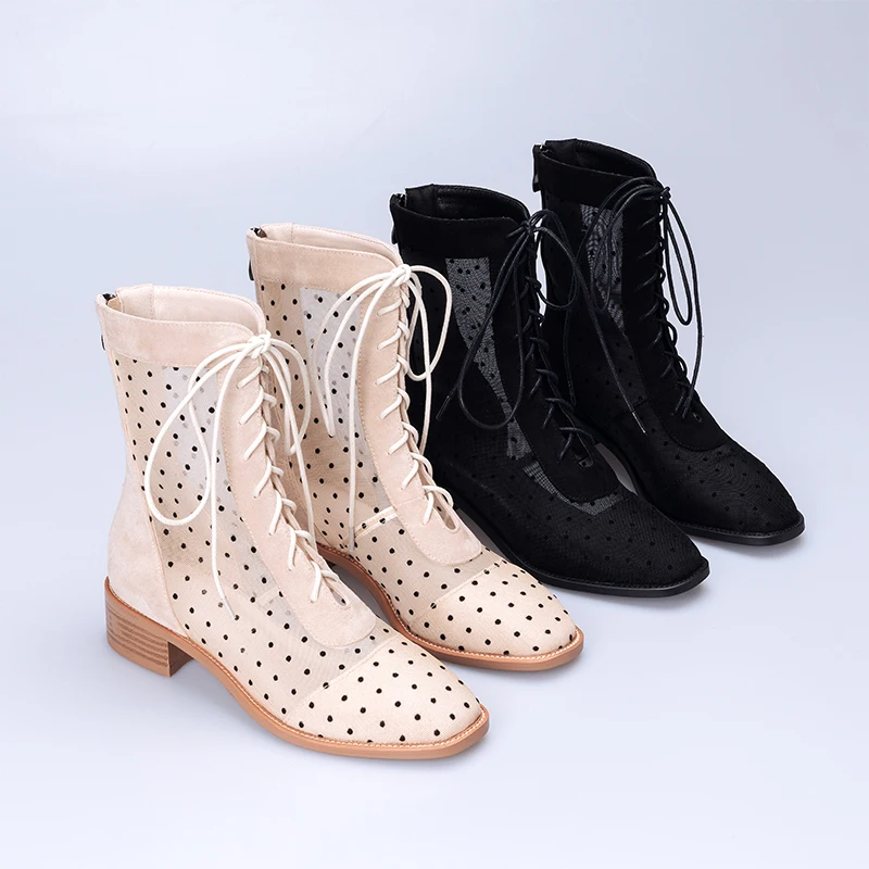 Jual Ins Bergaya Kulit Hitam Wanita Musim Panas Sepatu Med Hak Square Wanita Seksi Air Mesh Model Boots Fashion Titik Renda Sepatu Bot Setinggi Lutut