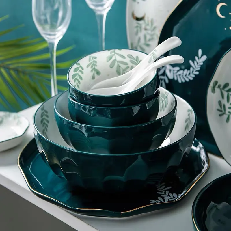 Набор посуды из керамики с зелеными растениями тарелка для торта Салатница