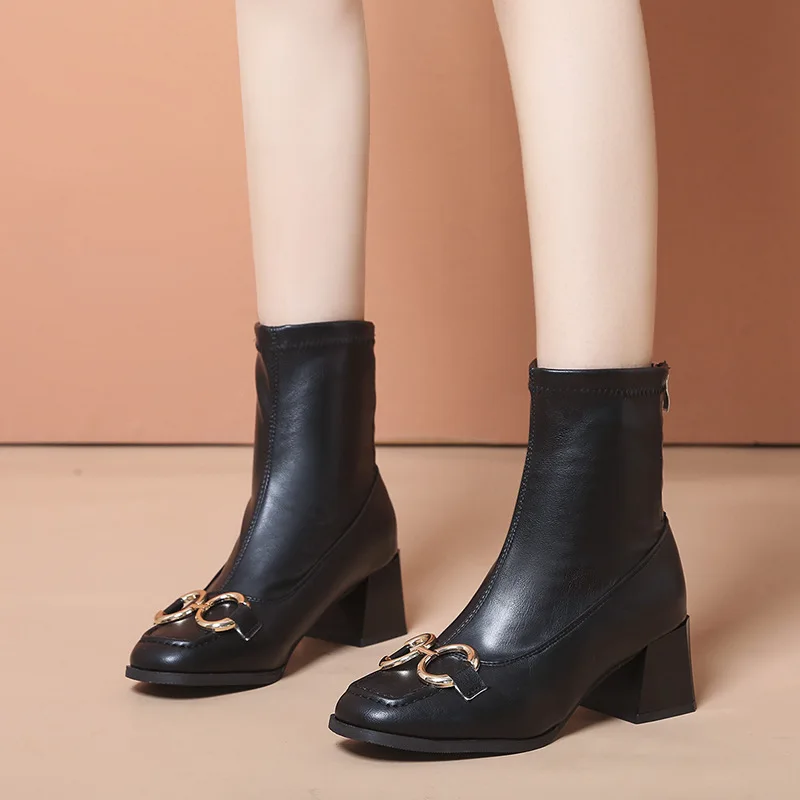 

Women's 2021 New Fashion Women's Short Boots Rear Zipper Metal Thick Heel High Heel Martin Boots Leather Women Boots