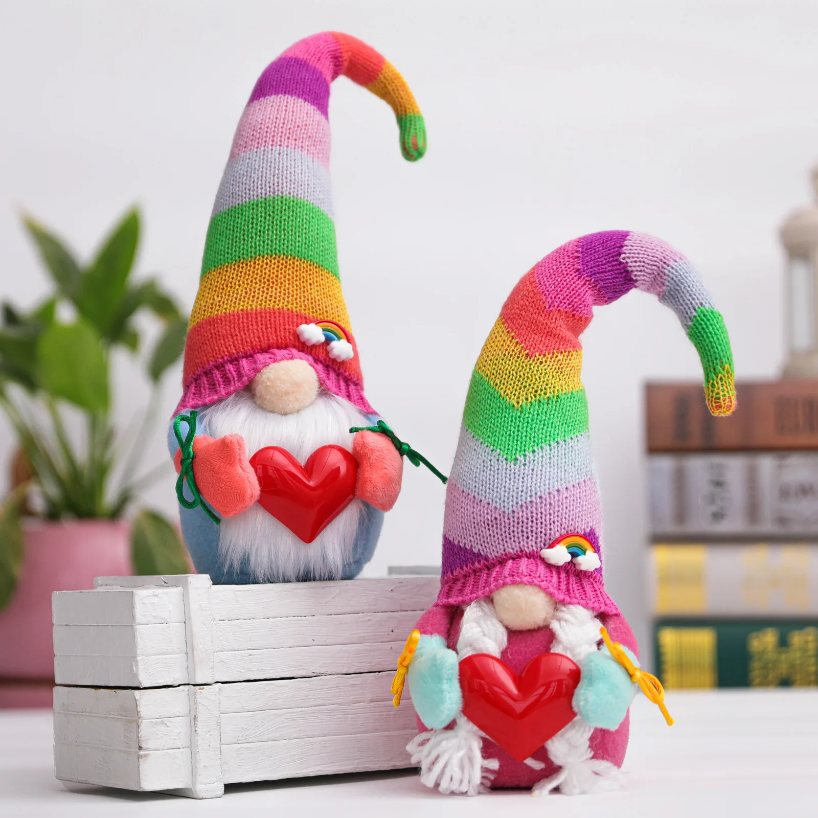 

New rainbow knitted hat holds caring dwarf high hat faceless doll Rudolph children's photo props.