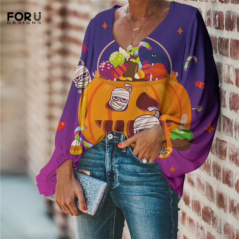 

FORUDESIGNS/Женские повседневные блузки с длинными рукавами, Мягкие осенние Топы И Футболки на Хэллоуин с принтом в виде ярких черепов тыквы и v-о...