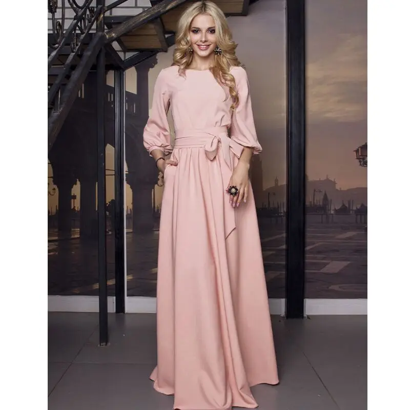 pink Винтажное однотонное длинное платье макси с бантом и поясом, элегантное вечернее платье с рукавом-фонариком и круглым вырезом, осенне-зимнее женское Повседневное платье - Цвет: pink