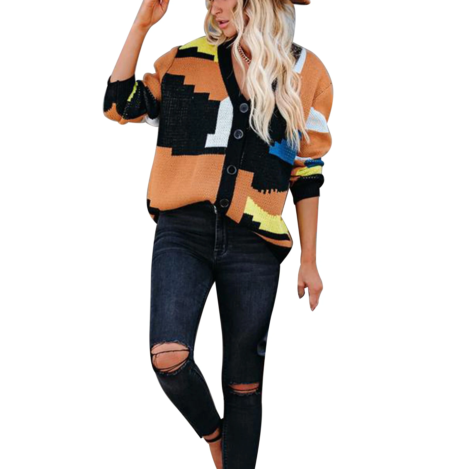 

Трикотажная одежда с длинным рукавом для Хэллоуина, женское однобортное вязаное пальто в повседневном стиле, Свободный кардиган с V-образны...