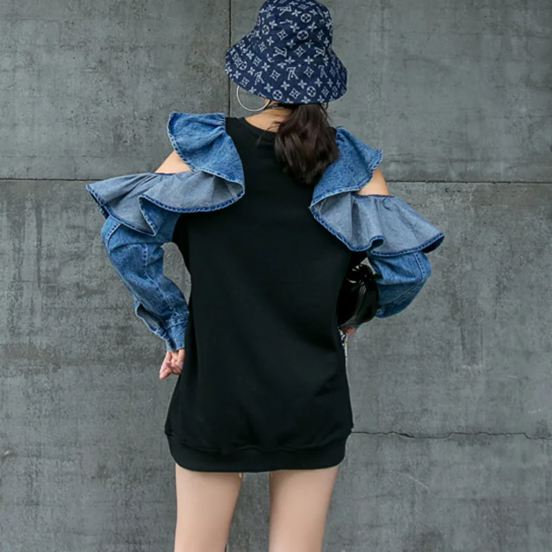 

QING MO Spring Autumn Fashion Women T Shirt Denim Ruffle Stitching Strapless Sweatshirts 2021 New Trend Women Top Black ZWL416