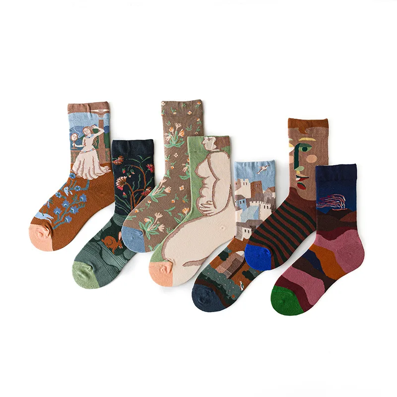1Pair Happy Socks Unisex Women Oil Painting Van Gogh Combed Cotton Funny Fantasy  Casual Novelty Party Gifts Socks Wholesale