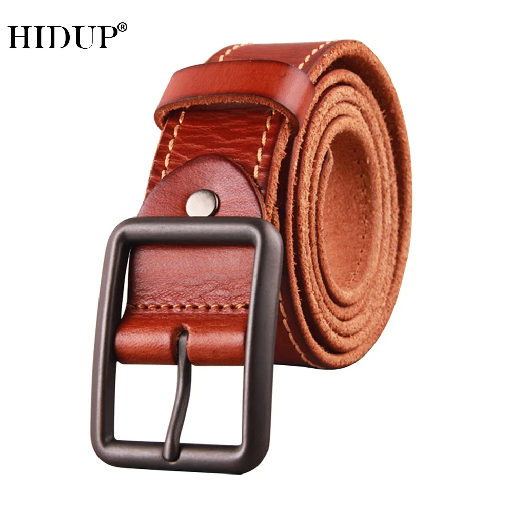 HIDUP Top Quality Solid Cowhide Leather Belts Design Black Pin Buckle Metal Belt for Men Jeans Accessories 3.8cm Width NWJ946