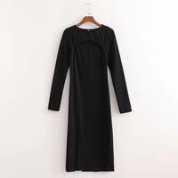 elegant and careful machine hollow slit dress ladies 2021 new summer simple solid color o neck long sleeve fashion dresses women