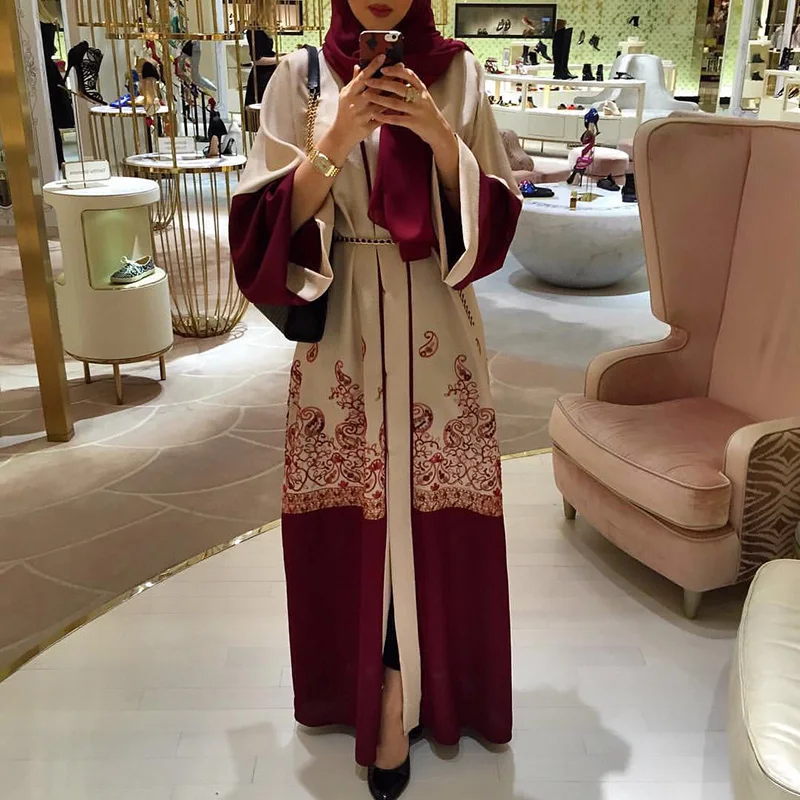 

2021 Fashion Muslim Print Abaya Full Dress Cardigan Kimono Robe Tunic Tunic Arab Islamic Clothing for The Middle East Ramadan
