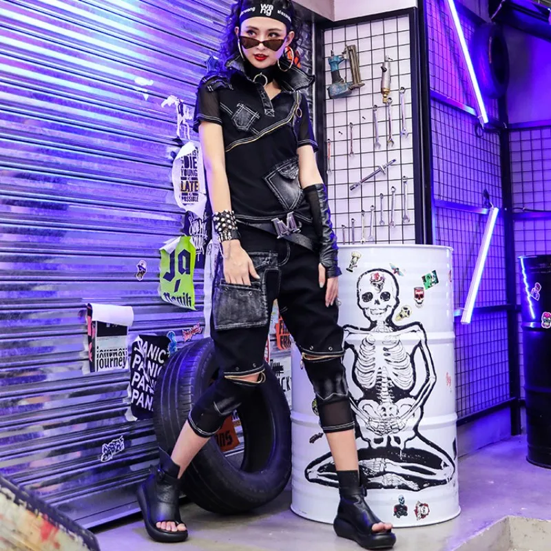 New High Street Women Two Piece Set Patchwork Denim Matching Sets Punk Style Zipper Harem Pants Short Sleeve Tops Summer Outfits