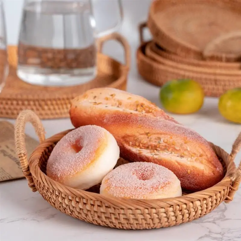 

Handwoven Rattan Storage Tray with Wooden Handle Bread Food Plate Washable Round Desktop Storage Hand-Woven Tray