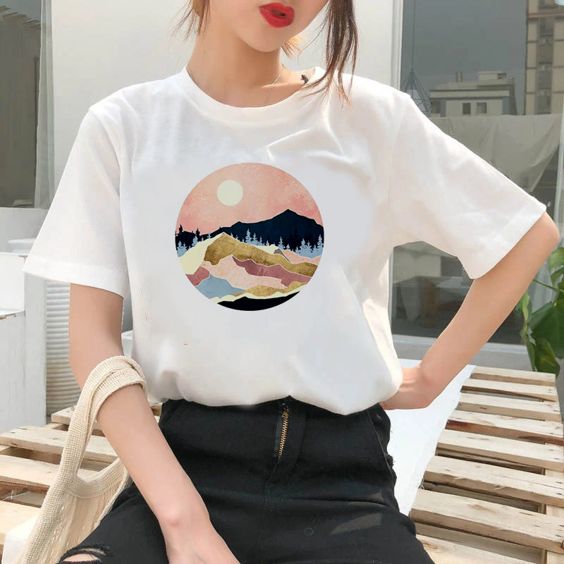 Round mountain pattern Print T shirt Women Fashion Tshirt O neck Short Sleeve Harajuku  T shirt White Tops Female Tops