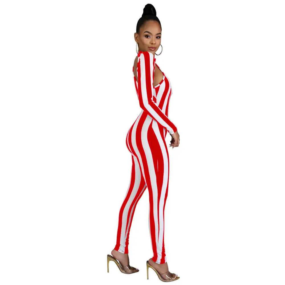 

Classic Streetwear Women Vertical Striped Fit Tight Long Sleeve Overalls Femem O Neck Hollow-out Pencil Rompers Jumpsuit