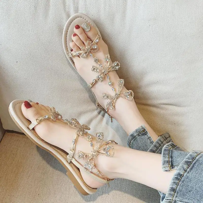 

Sandal For Women Summer 2021 New Diamond Flowers Flat Sandals Open Toe Flat Bottom Roman Shoes Flip Flops Sandalias Femininas