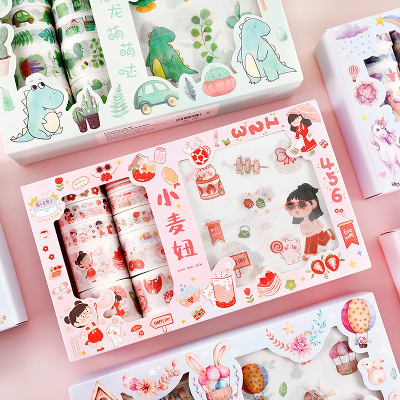 1 Set of Hand Account Tape Stickers Gift Set New Style Cartoon Hipster Dinosaur Girl DIY Decorative Japanese Paper Material Set