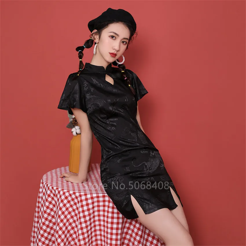 Платье Чонсам женское атласное винтажное китайское платье с драконом готический