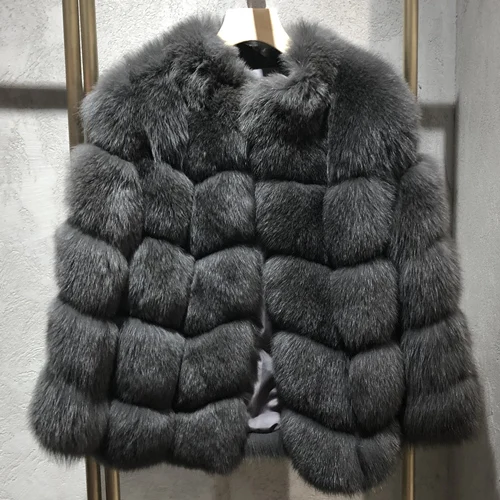 Женское пальто из натурального Лисьего меха, зимнее теплое с длинными рукавами, короткая куртка, женское повседневное пальто, 6 цветов - Цвет: Dark Gray
