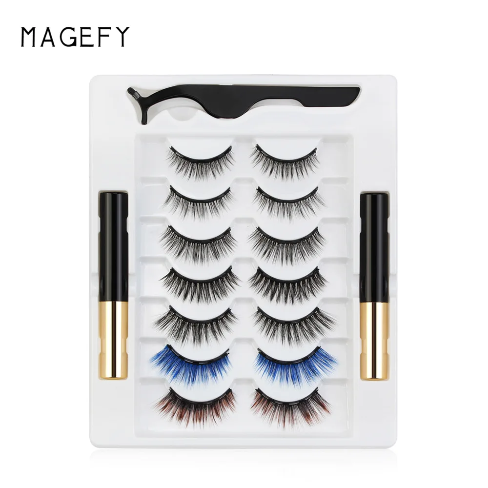 MAGEFY 7 Pairs of Color Magnetic  Eyelashes Set Natural Cilia False Eyeliner Dramatic Volume Thick Synthetic Eye Lashes Makeup
