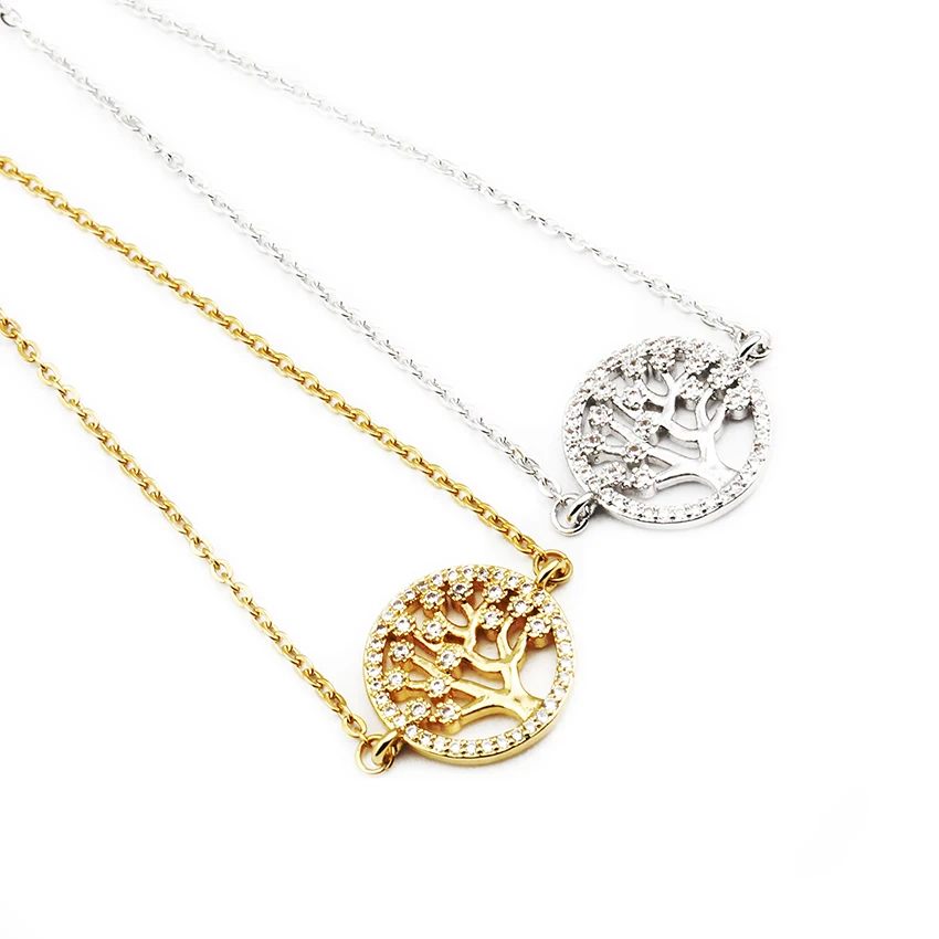 

Fashion Tree Round Gold Bracelets For Women Rose Color Paved Tiny Crystal Circle Link Stainless Steel Chain Charm Bracelet