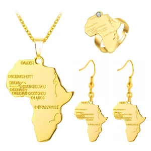 Gold Color African Map Necklaces Stud Earrings Adjustable Ring Africa Jewelry Sets For Men Women Party Accessories Wholesale