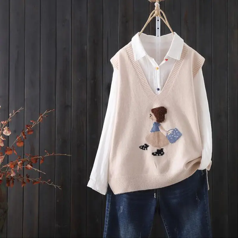 Loose V-neck Knitted Sweater Vest Female Cartoon Pattern Embroidery Sweet Wind Sleeveless Pullover Women Spring | Женская одежда