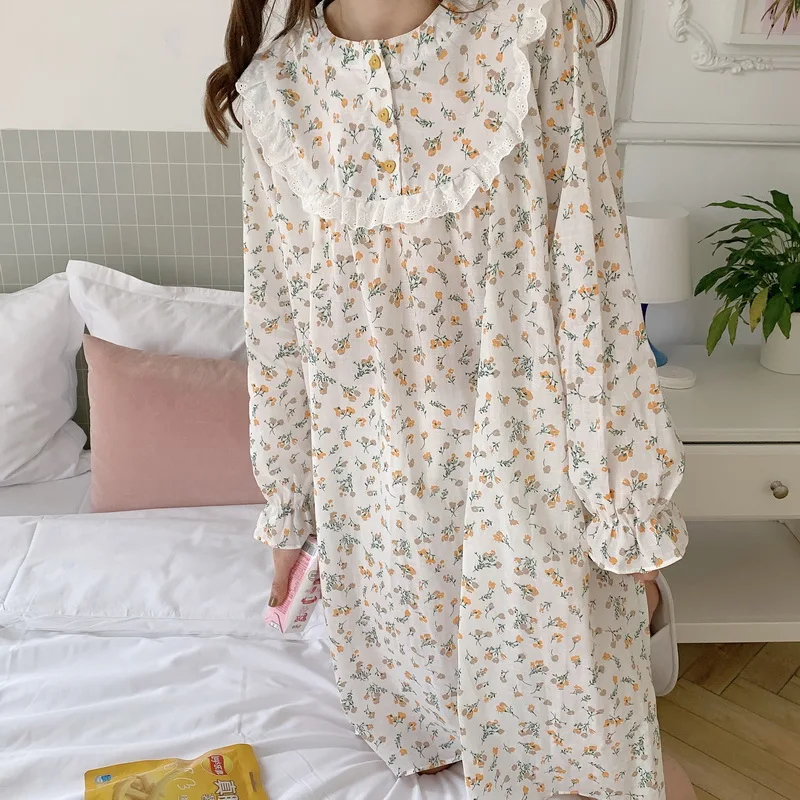 

floral print vintage korean chic women nightgown spring autumn long sleeve embroidery lacework dress home cloth nightdress L325