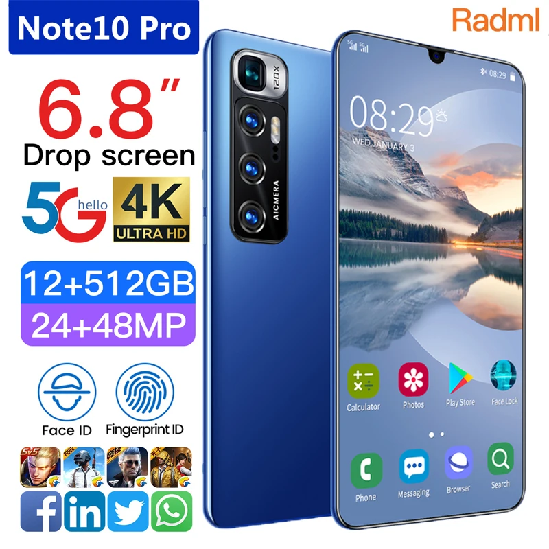 

Global Version Note10 Pro 6.8 Inch Smartphone 5000mAh 12+512GB 10 Core Full Screen Support Face ID Dual SIM 4G 5G MobilePhone