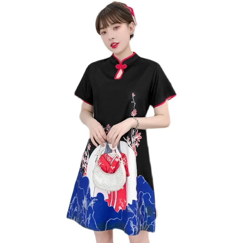 

Real shot new large size modified cheongsam loose fat sister covered meat Chinese style dress