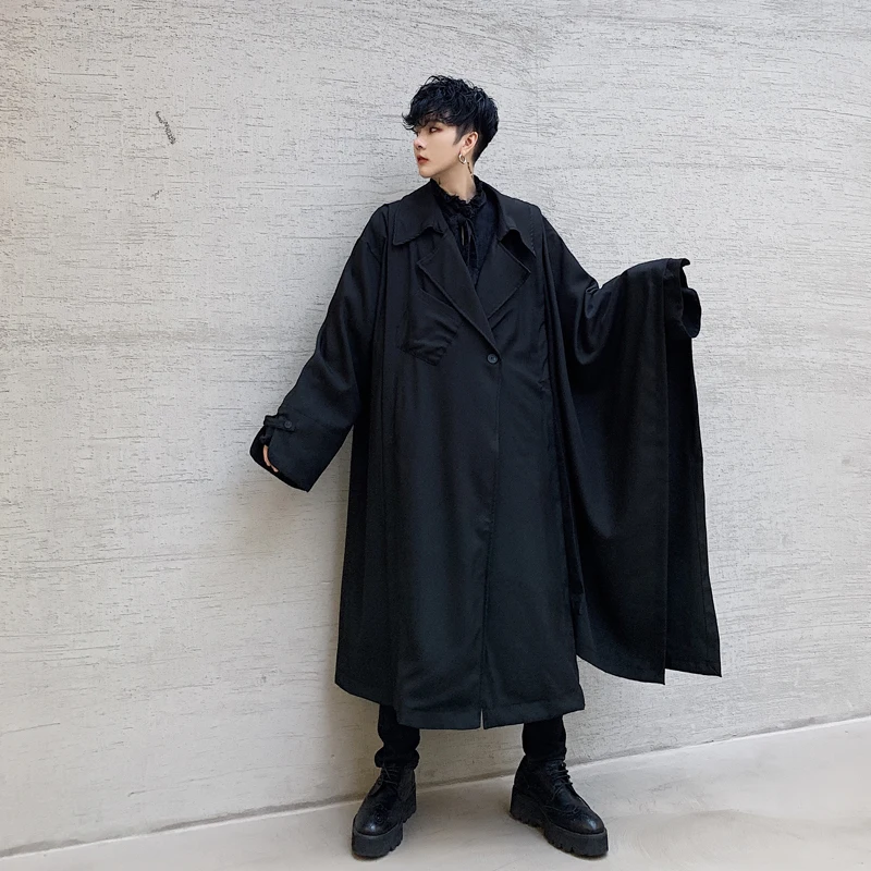Мужской плащ с отложным воротником свободный однотонный Длинный накидка в стиле