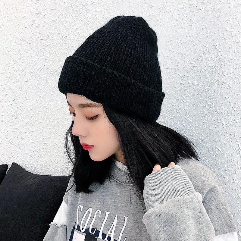 H3559 Women Warm Beanie Hat Female Autumn Winter Korean Thick Knitting Skullies Cap Girl Pure Color Fashion Lovely Shopping Hats |