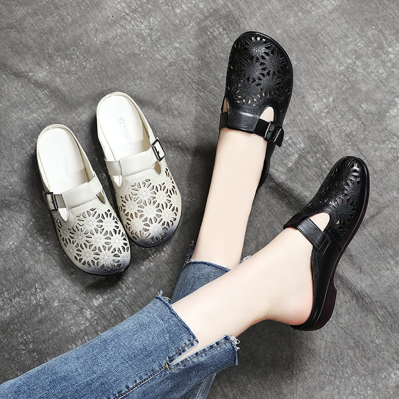 Summer Ethnic Retro Soft Women Shoes Genuine Leather Solid Flower Hollow Flat Paltform Female Ladies Woman Zapatos Mujer | Обувь