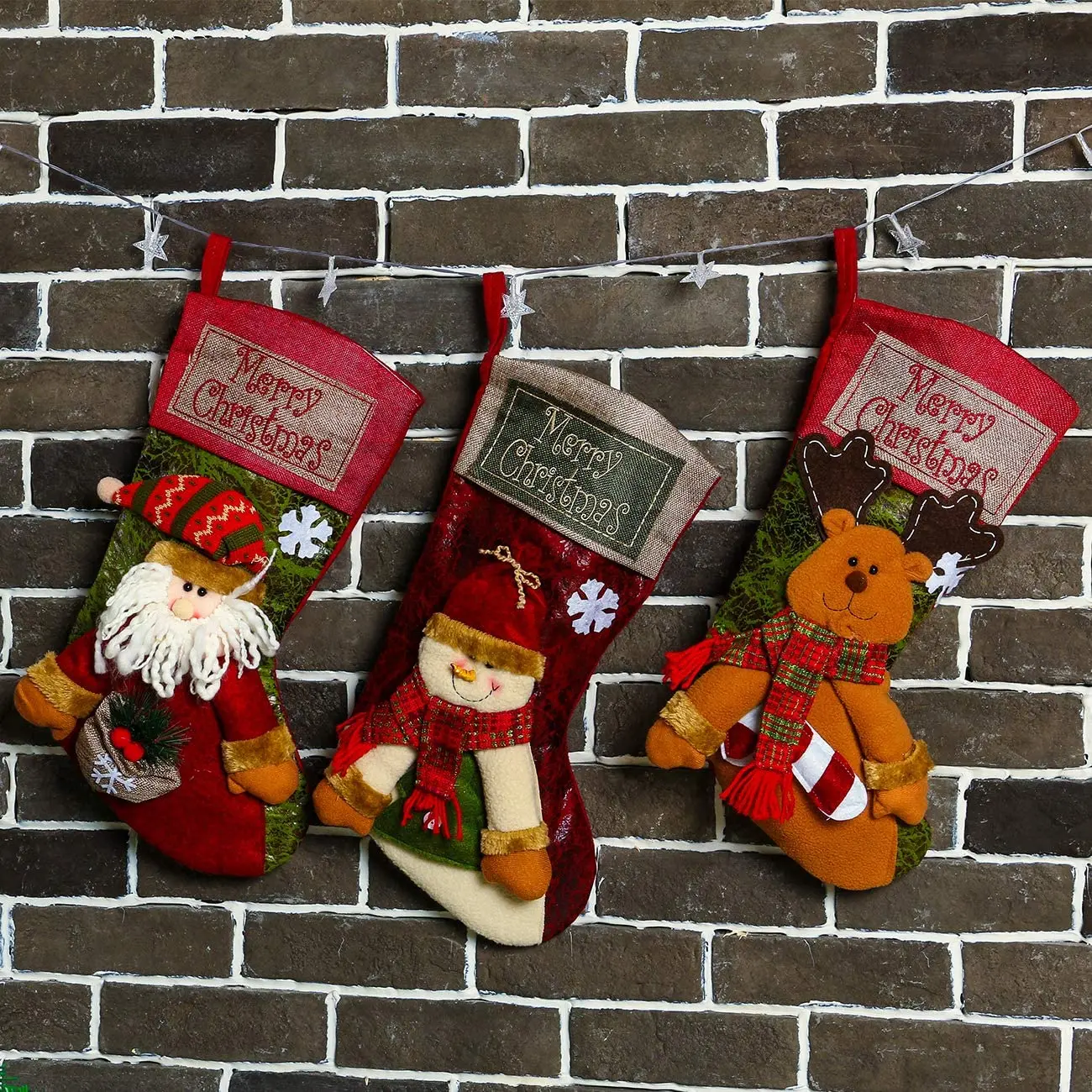 Sunnyglade-medias cl&aacute;sicas de Navidad, 3 piezas, 18 ", mu&ntilde;eco de nieve, Reno, personaje de Navidad, decoraciones para fiestas navide&ntilde;as-3