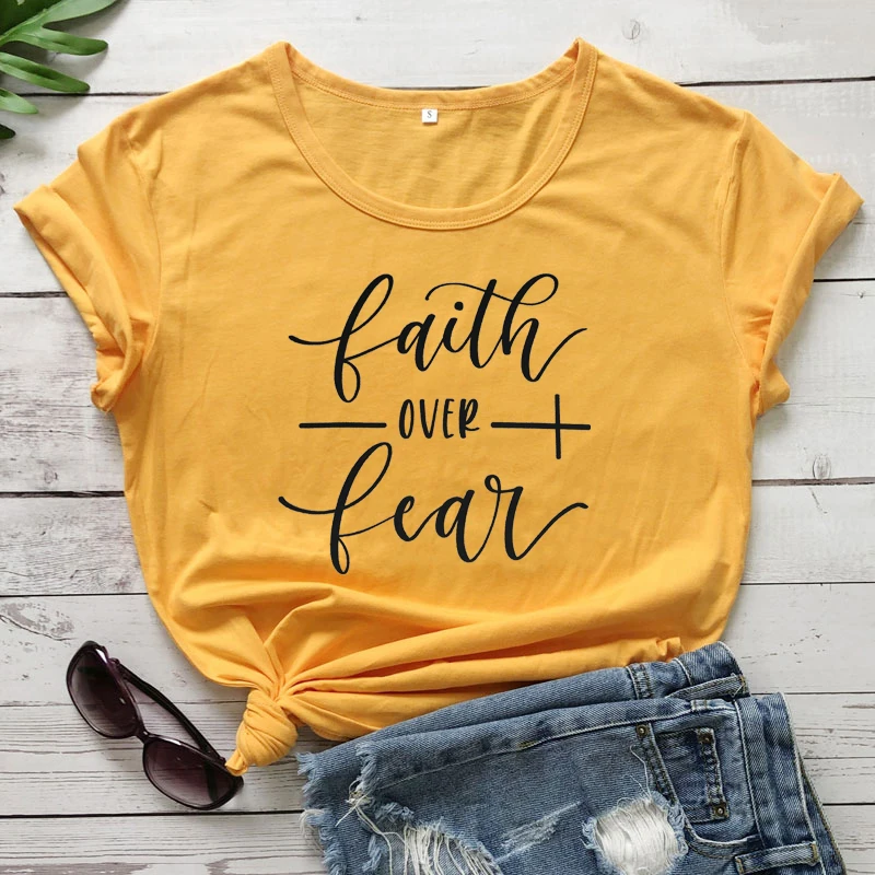 yellow-black text Faith Over Fear футболка женская модная вдохновленная Религиозная Христианская Церковь топы футболки Повседневная летняя графическая футболка tumblr наряд - Цвет: yellow-black text