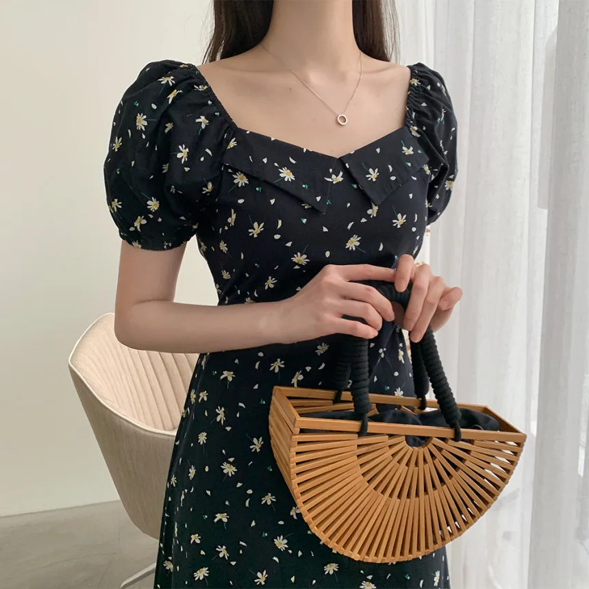 

Korean Chic Temperament Square Collar Midi Dress Vestidos 2021 Women Flower Print Puff Sleeve Casual A-Line Party Dress Robe